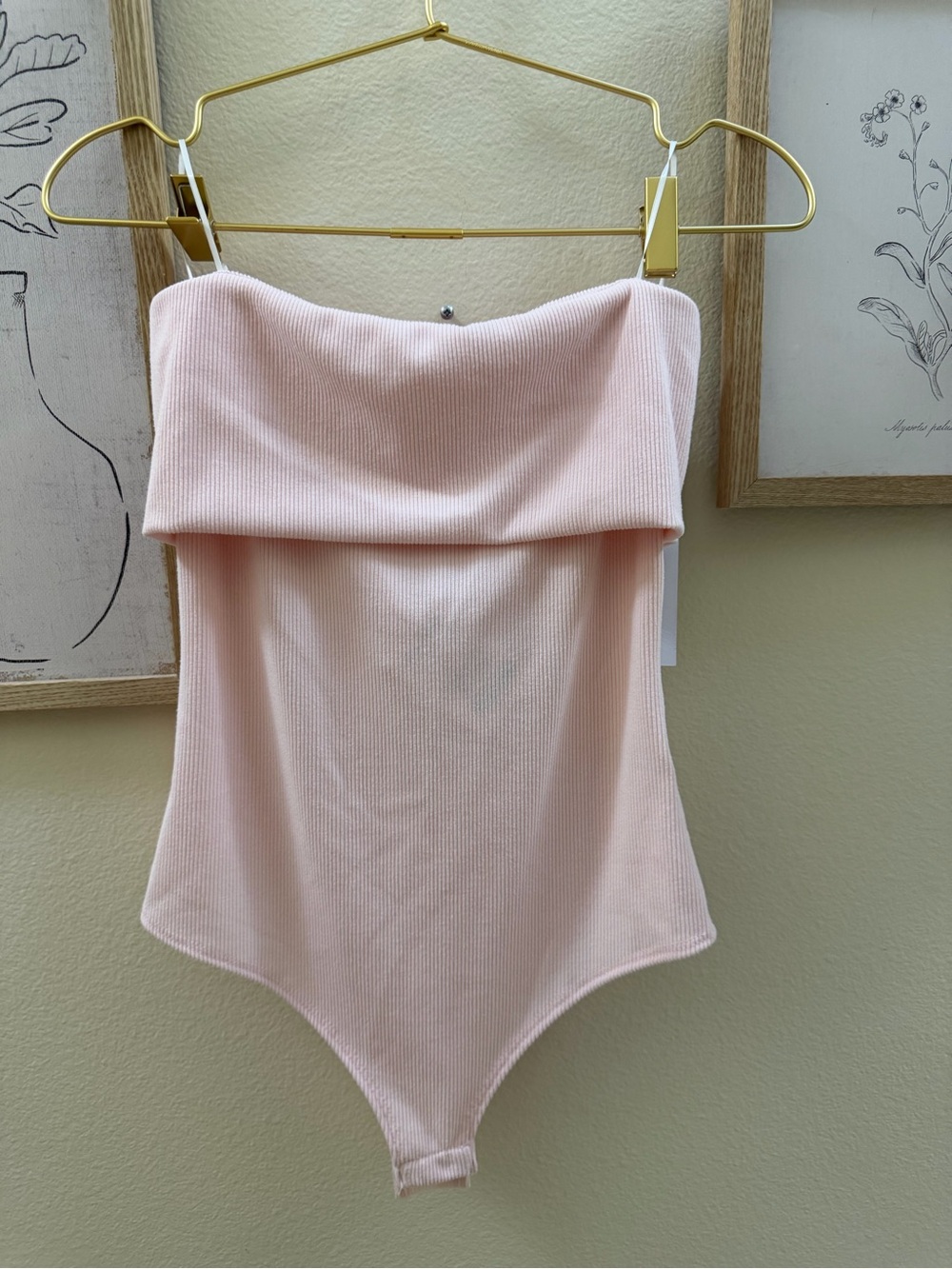 Strapless Fold-Over Ribbed Bodysuit in Pale Pink